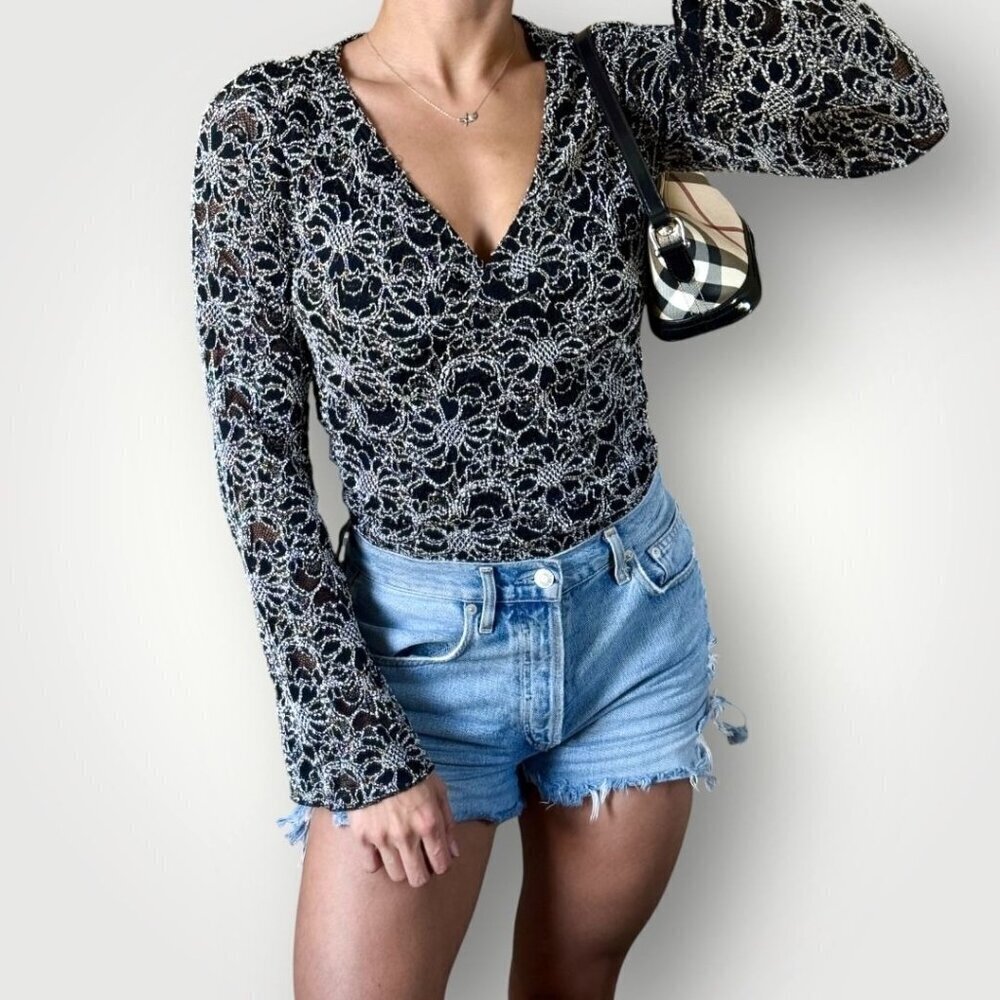 Vintage Y2K Floral Lace Top Bell Sleeve V-Neck Blouse Fairy Goth Whimsy Black